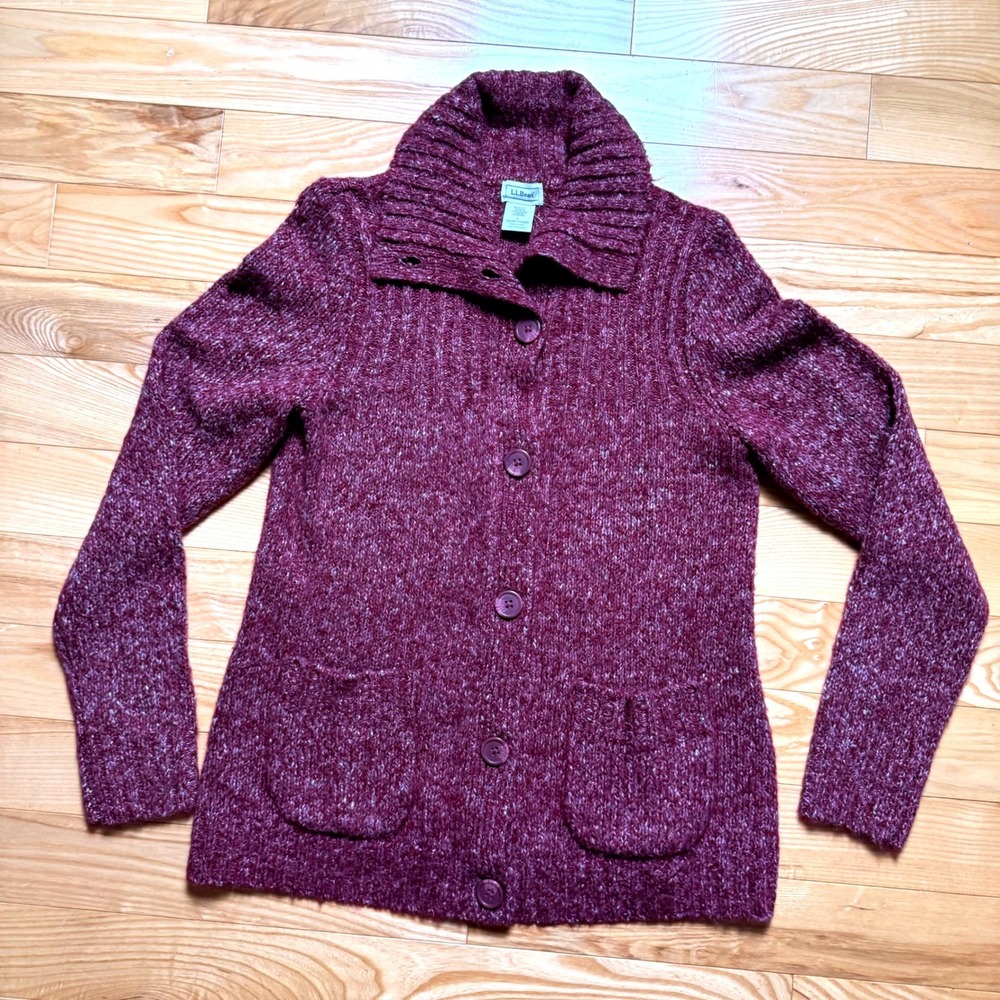 L.L. Bean Women's Button Front Wool Blend Cardigan Sweater Sz Large Burgundy Rib